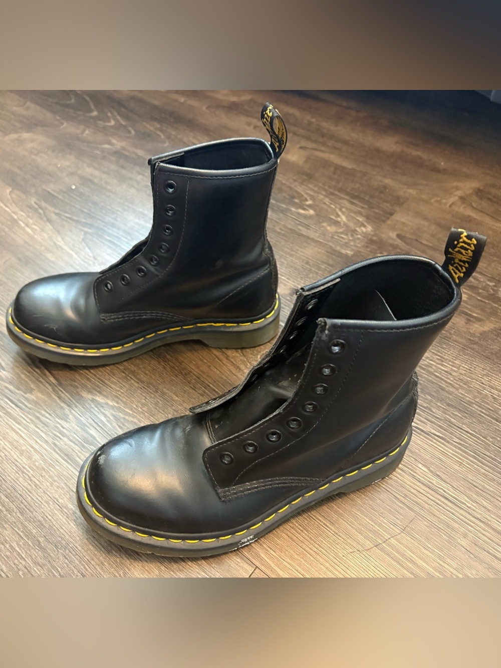 Dr. Martens Black Leather Lace-Up Boots with Yellow Stitching